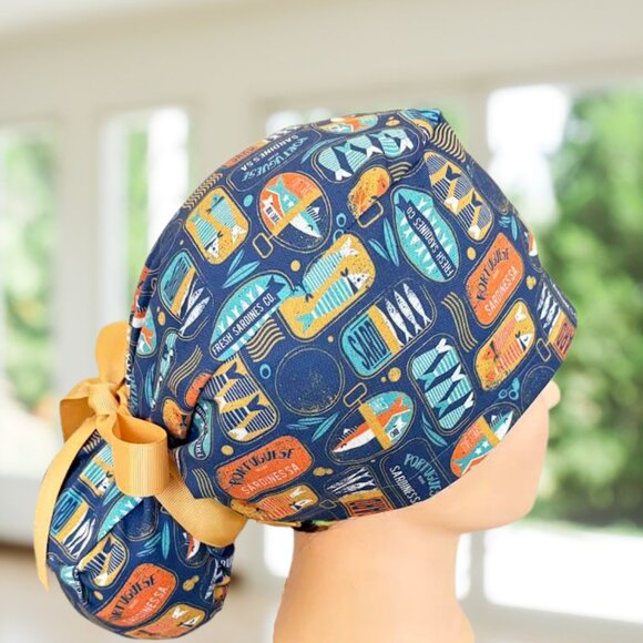 Sardines~ Ponytail Scrub Cap, Surgical Hat, OR, CNA, Cap, CRNA, Gift - Picture 4 of 5